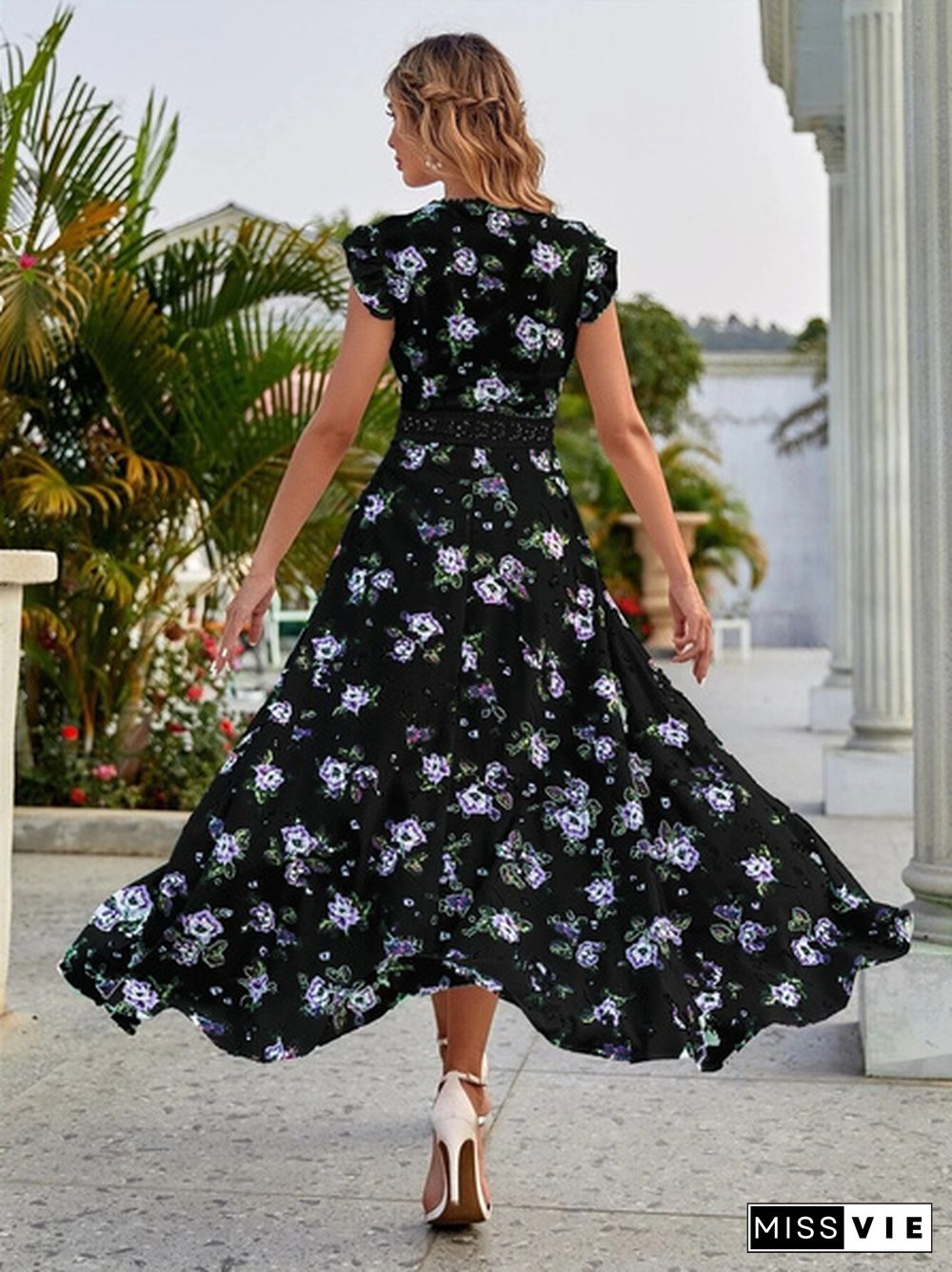 Summer Dresses Women Fashion V-neck Sleeveless Lace Patchwork Floral Print Holiday Long Dress Casual Vestido Party Dress