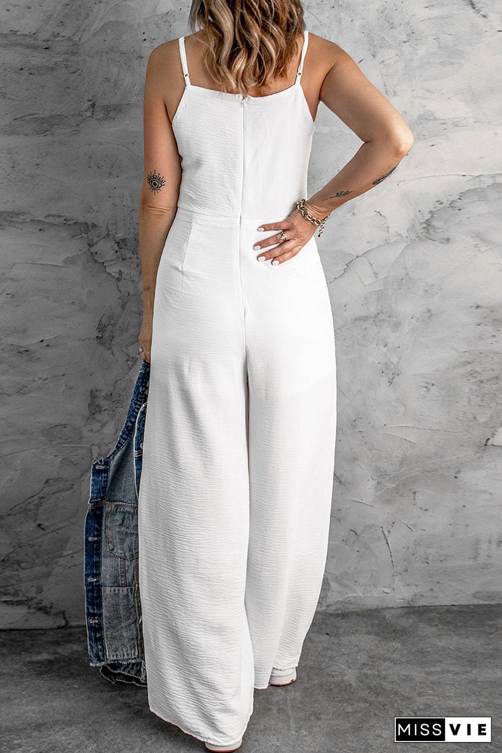 Solid Spaghetti Strap Wide Leg Drawstring High Waist Jumpsuit