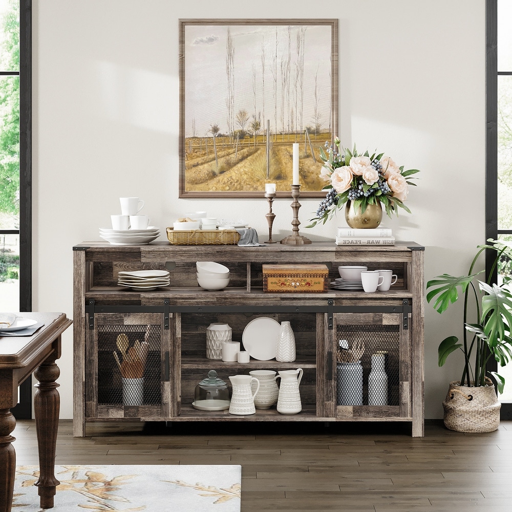 Farmhouse Coffee Bar Table with Sliding Barn Doors for Kitchen  59\