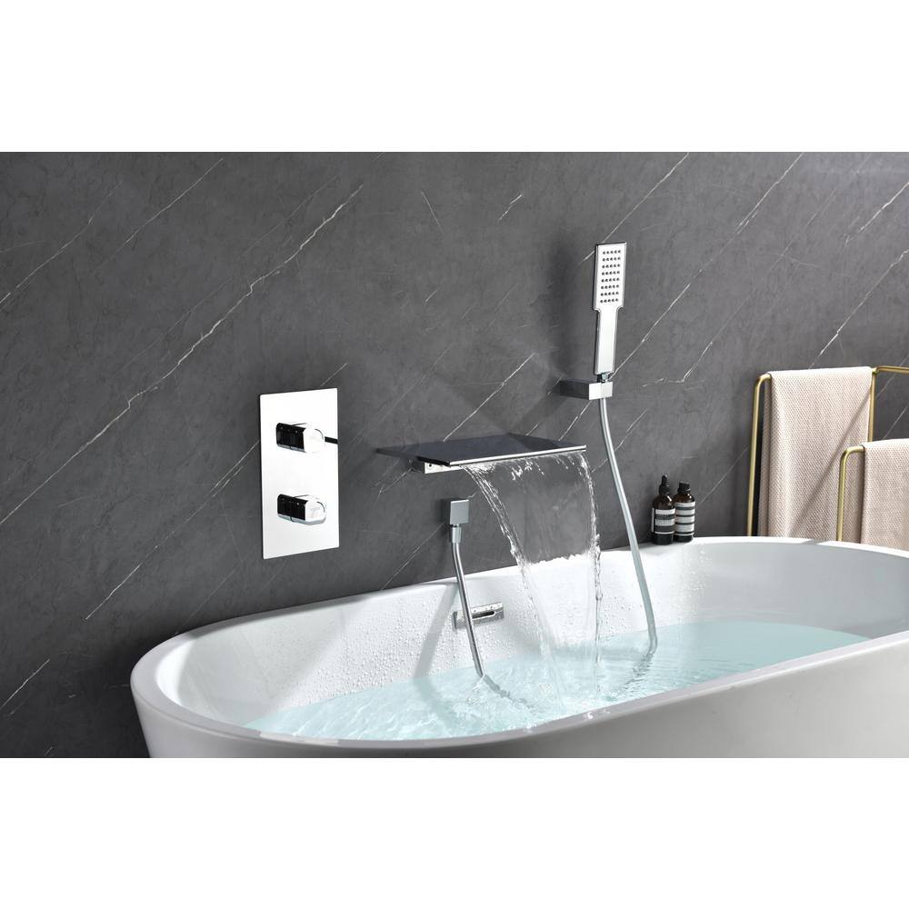 Lukvuzo Wall Mounted 2-Handle Waterfall Spout Freestanding Tub Faucet with Handheld Shower in Chrome HSSA08FS036