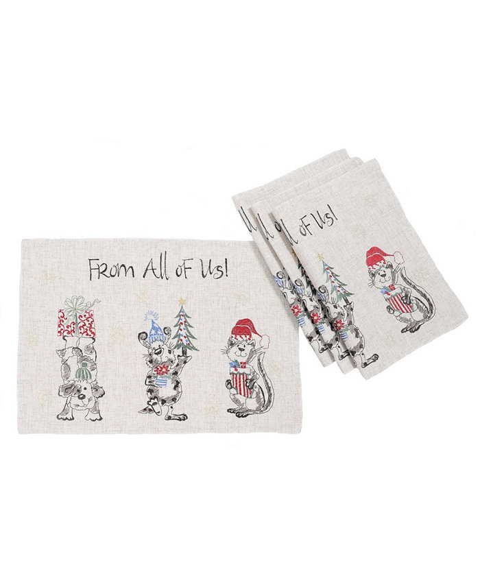 Manor Luxe Animal's Fun Holiday Party Embroidered Placemats 14 x 20 Set of 4