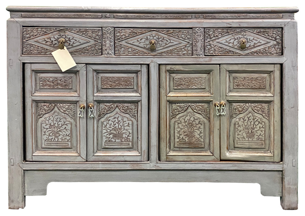 Chinese Distressed Gray Floral Motif Sideboard Console Table Cabinet Hcs5768   Asian   Console Tables   by Golden Lotus Antiques  Houzz