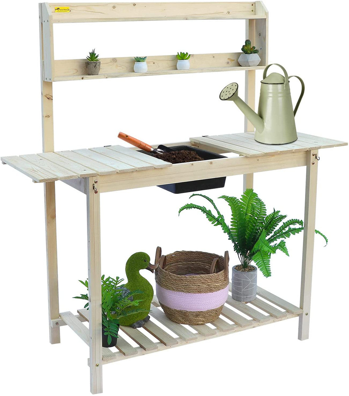 EURO SAKURA Garden Wooden Potting Bench Work Station With Two-Tier Open Shelf Beige, Wood