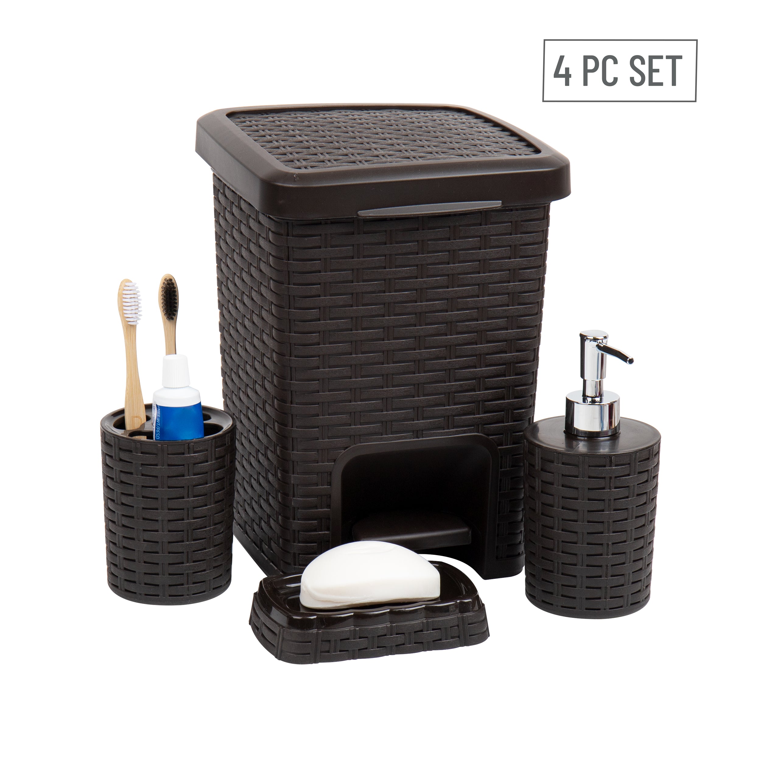 Mind Reader Basket Collection， 4 Piece Bathroom Set includes: Square Wastepaper Pedal Basket， Toothbrush Holder， Liquid Soap Dispenser and Soap Dish， Wicker Style， Bathroom， 4 Piece Set， Brown