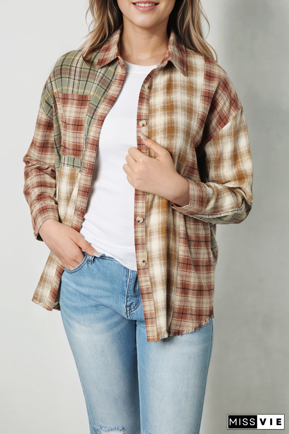 Brown Multi Plaid Patchwork Raw Edge Casual Shirt