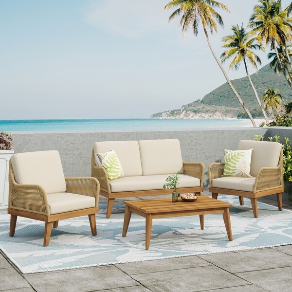 Outdoor Acacia Wood Chat Set with Coffee Table， Arm Chairs and Loveseat