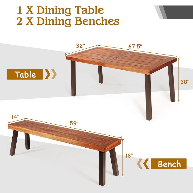 Costway 3 Pieces Picnic Table Set Acacia Wood Table Bench With Steel Legs Outdoor Patio