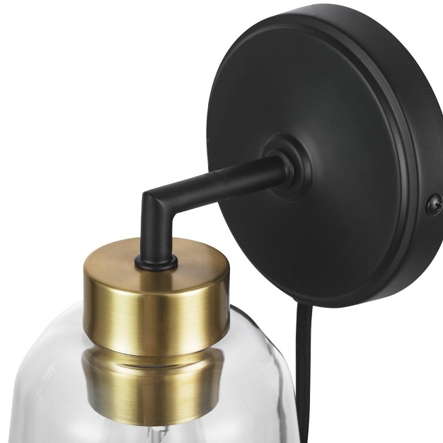 Salma 1 light Matte Black Plug in Or Hardwire Wall Sconce With Antique Brass Accent Socket And Glass Shade Globe Electric