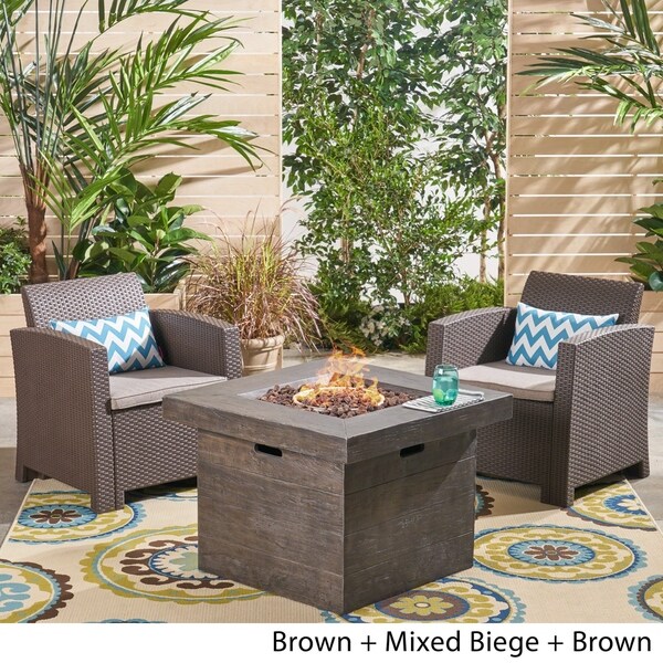 Bedrock Outdoor 2Seater Wicker Print Club Chair Chat Set with Fire Pit by Christopher Knight Home