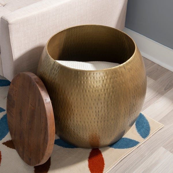 Kayvon Drum Side Table with Storage Gold