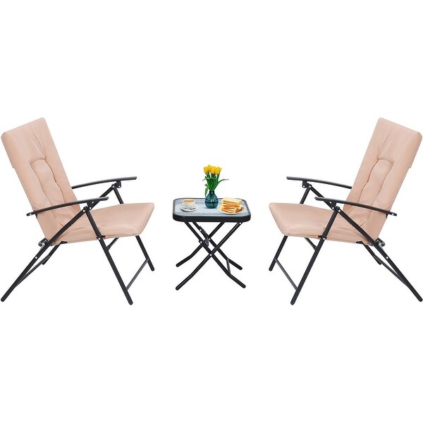 3Piece Folding Patio Bistro Dining Set，Furniture Set with 2 Folding Reclining Chairs with Cushion and 1 Folding Glass Table