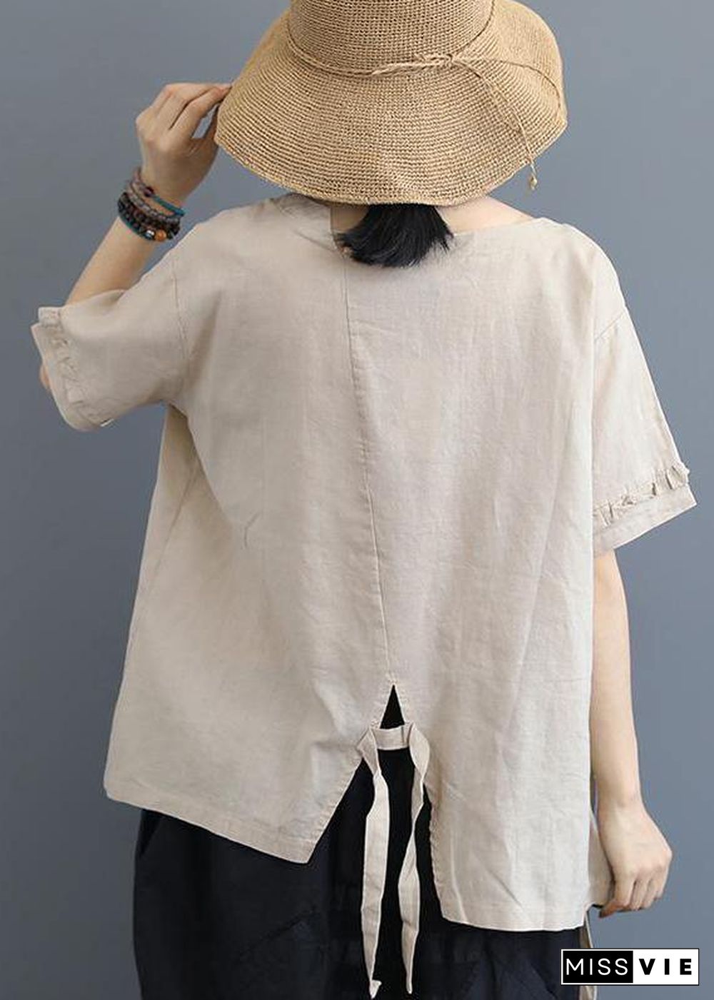 Handmade cotton clothes fine Single Big Pocket Lacing Solid Color T-Shirt