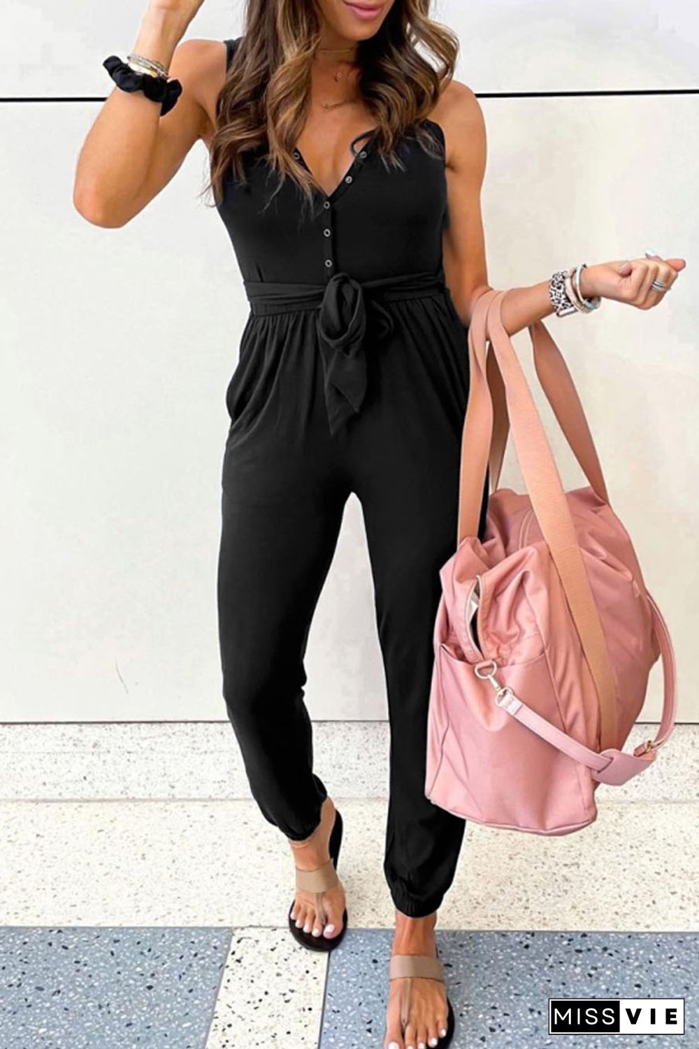 Black Buttons V Neck Slim-fit Lace-up High Waist Jumpsuit