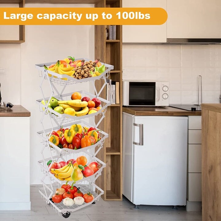 5 Tier Foldable Fruit Basket Kitchen Storage Rolling Cart  Living Room Baskets   13.8\