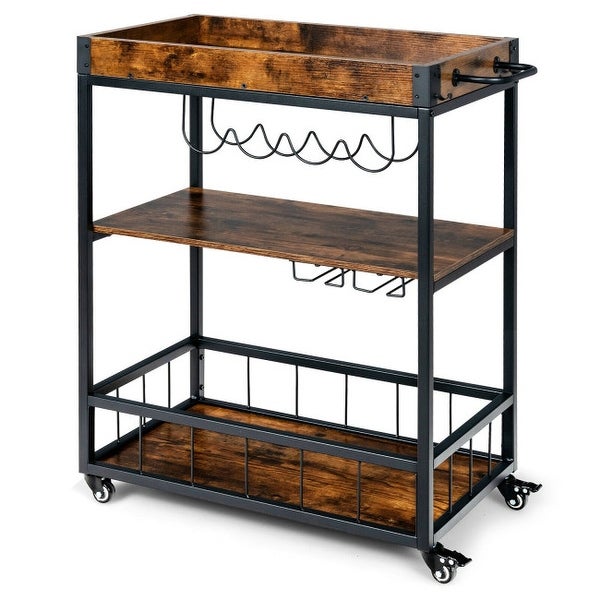 3-Tier Rolling Kitchen Bar Cart with Wine Rack-Rustic Brown - 2