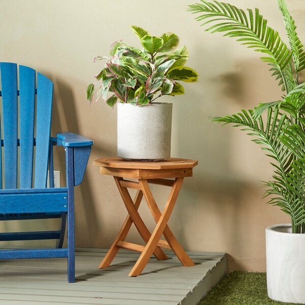 Brown Teak Wood Slatted Outdoor Accent Table