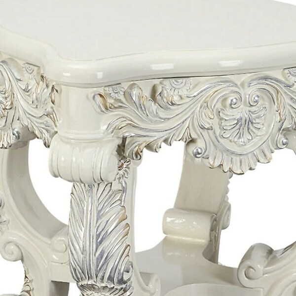 Ataa 28 Inch Square End Table， Ornate Floral Carvings， Claw Feet， White - 28 L x 28 W x 30 H Inches