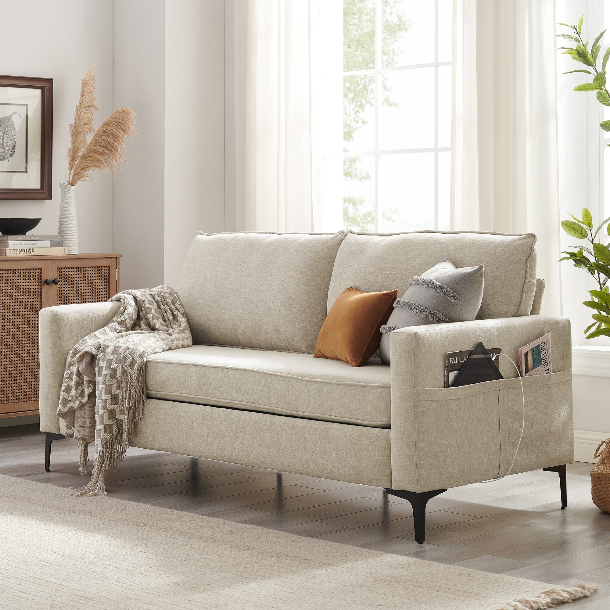 Larissa Sofa, USB Ports and Storage Pockets, Beige, Hillsdale Living Essentials