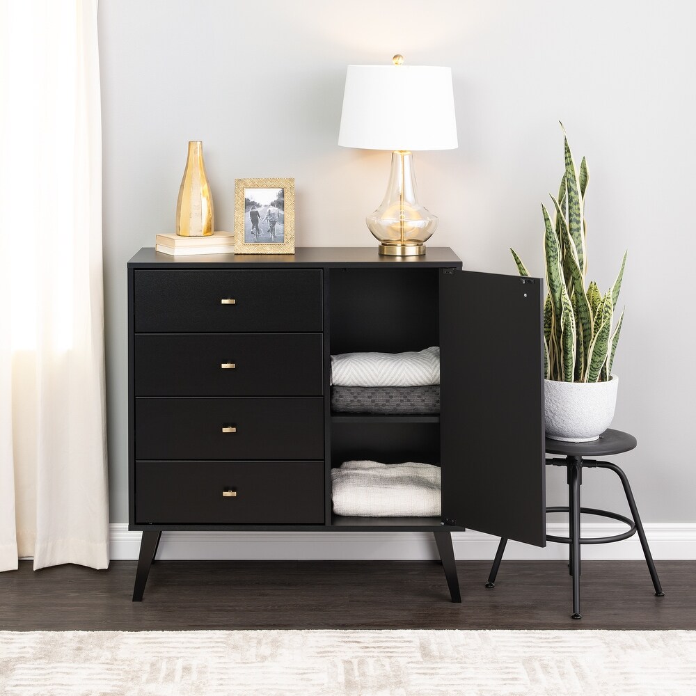 Prepac Milo Mid Century Modern 4 Drawer Combo Dresser  Chest of Drawers With Door  Contemporary Bedroom Furniture