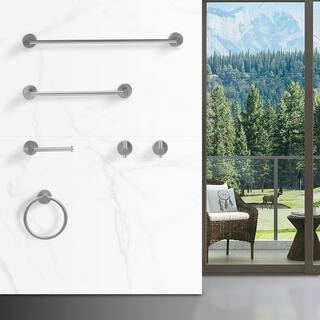 FUNKOL Thicken Space Aluminum Bathroom Hardware Wall-Mounted 6-Piece Set with Super Load-Bearing Capacity in Gray LZW#57974