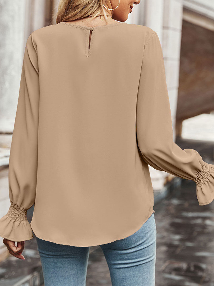 Round Neck Casual Loose Solid Color Long Sleeve Blouse