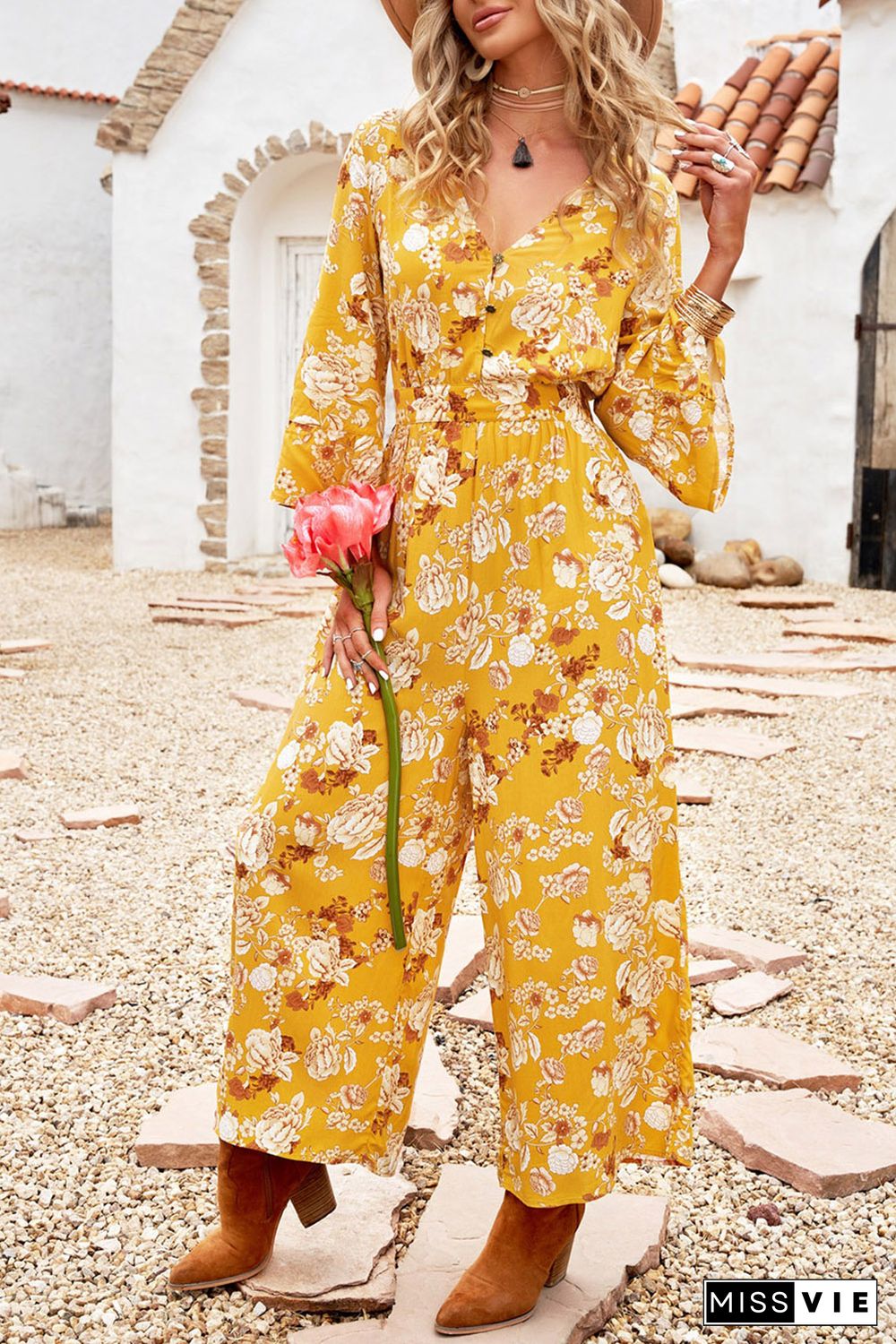 Yellow Floral Print Wide Leg Buttons V Neck Jumpsuit