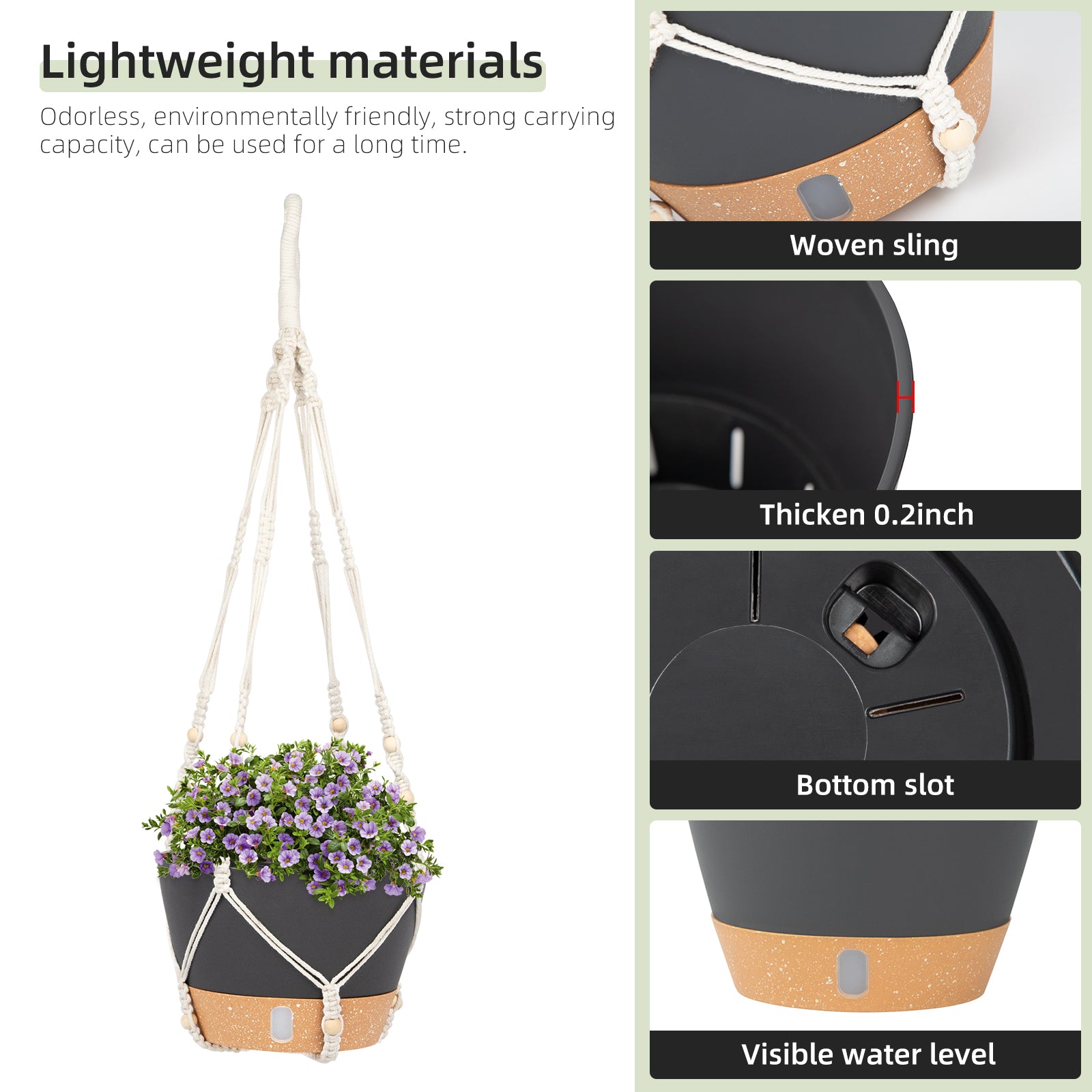 QCQHDU 2 Pack 10 inch Plastic Black Hanging Planters with 3 Hooks, Hanging Plant Pot Basket with Drainage Hole for Garden Home