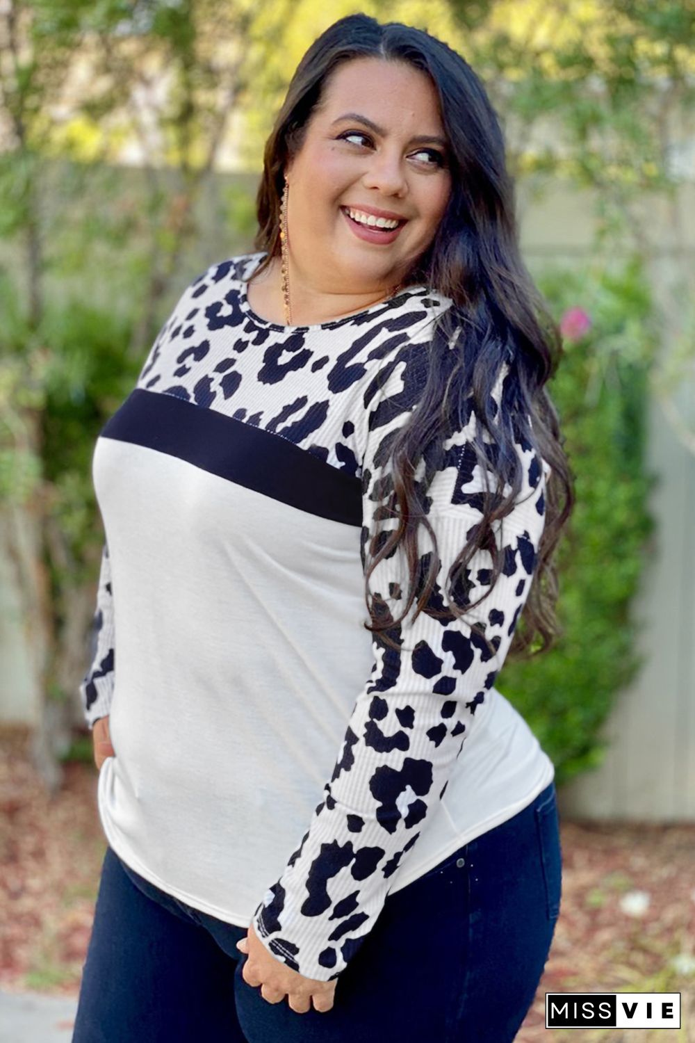 Plus Size Leopard Colorblock Long Sleeve Top