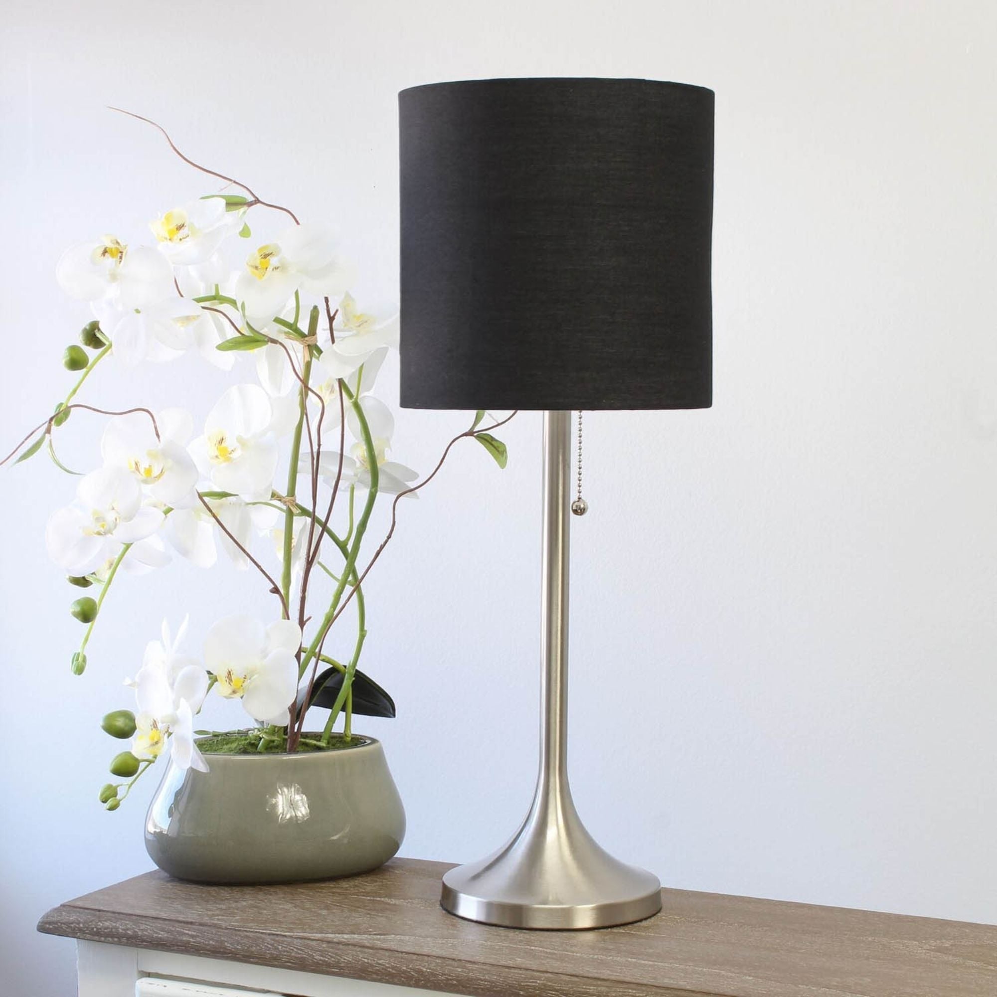 Simple Designs Brushed Nickel Tapered Table Lamp with Black Fabric Drum Shade