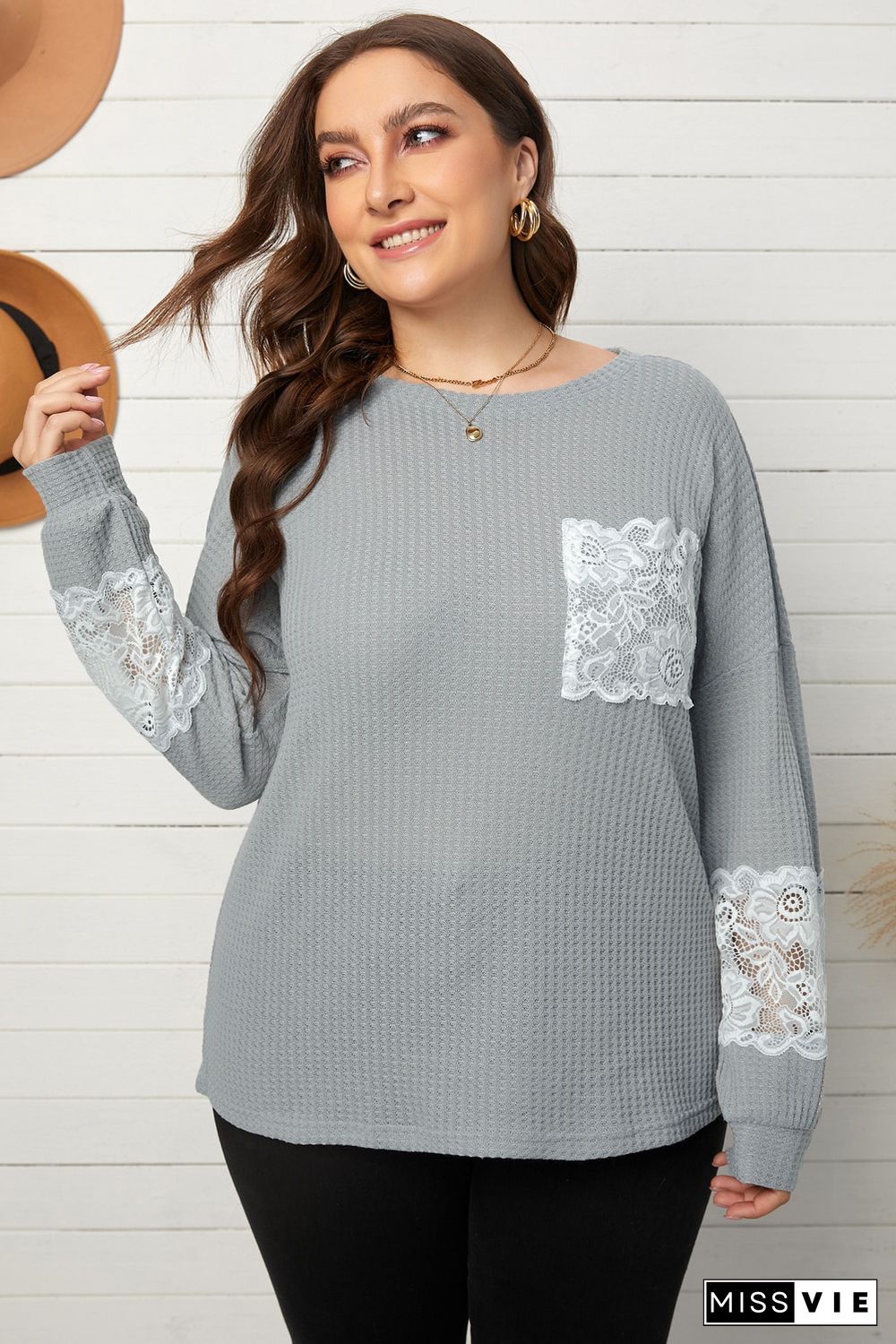 Gray Lace Patchwork Waffle Knit Plus Size Blouse