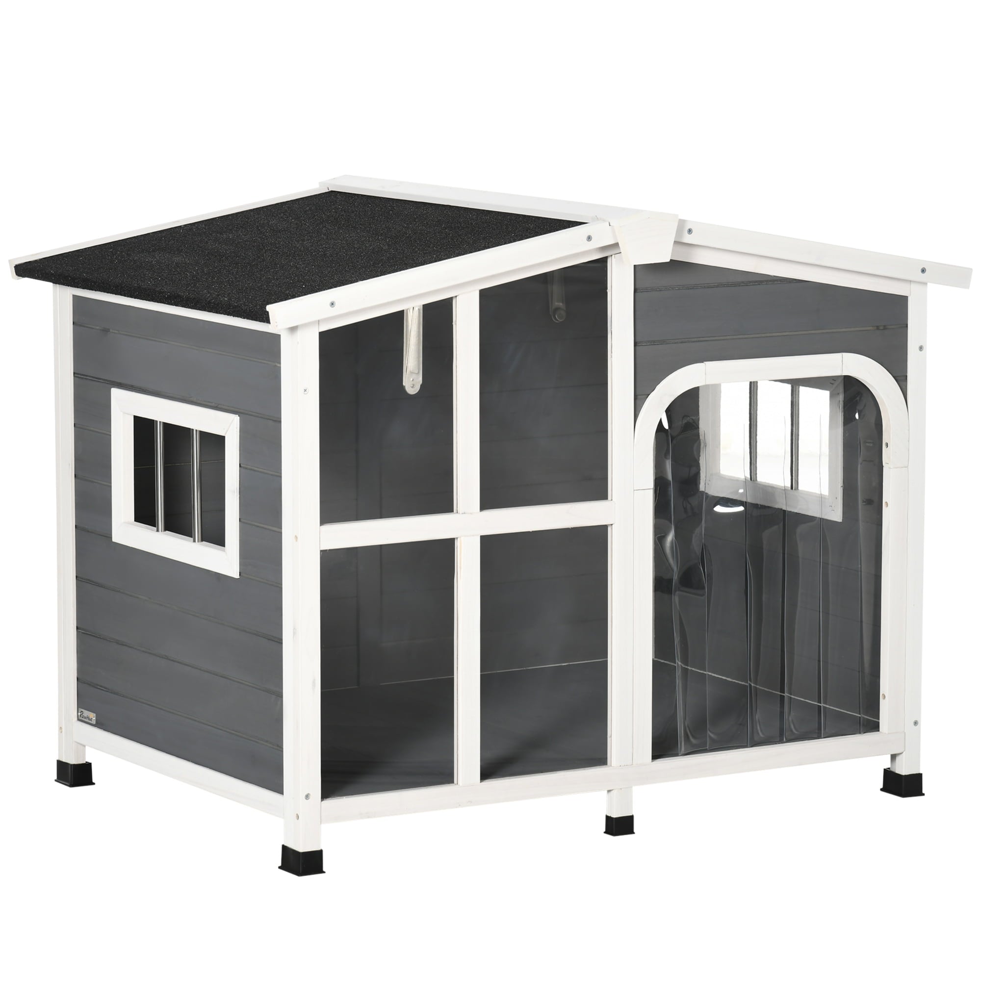 PawHut Cabin-Style Wooden Dog House for Large Dogs Outside with Openable Roof and Giant Window， Big Dog House Outdoor and Indoor， Asphalt Roof， Gray