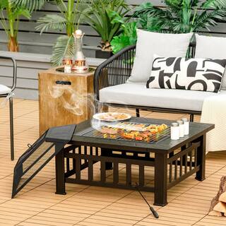 Gymax 32 in. 3-In-1 Outdoor Square Fire Pit Table with BBQ Grill Rain Cover for Camping GYM08940