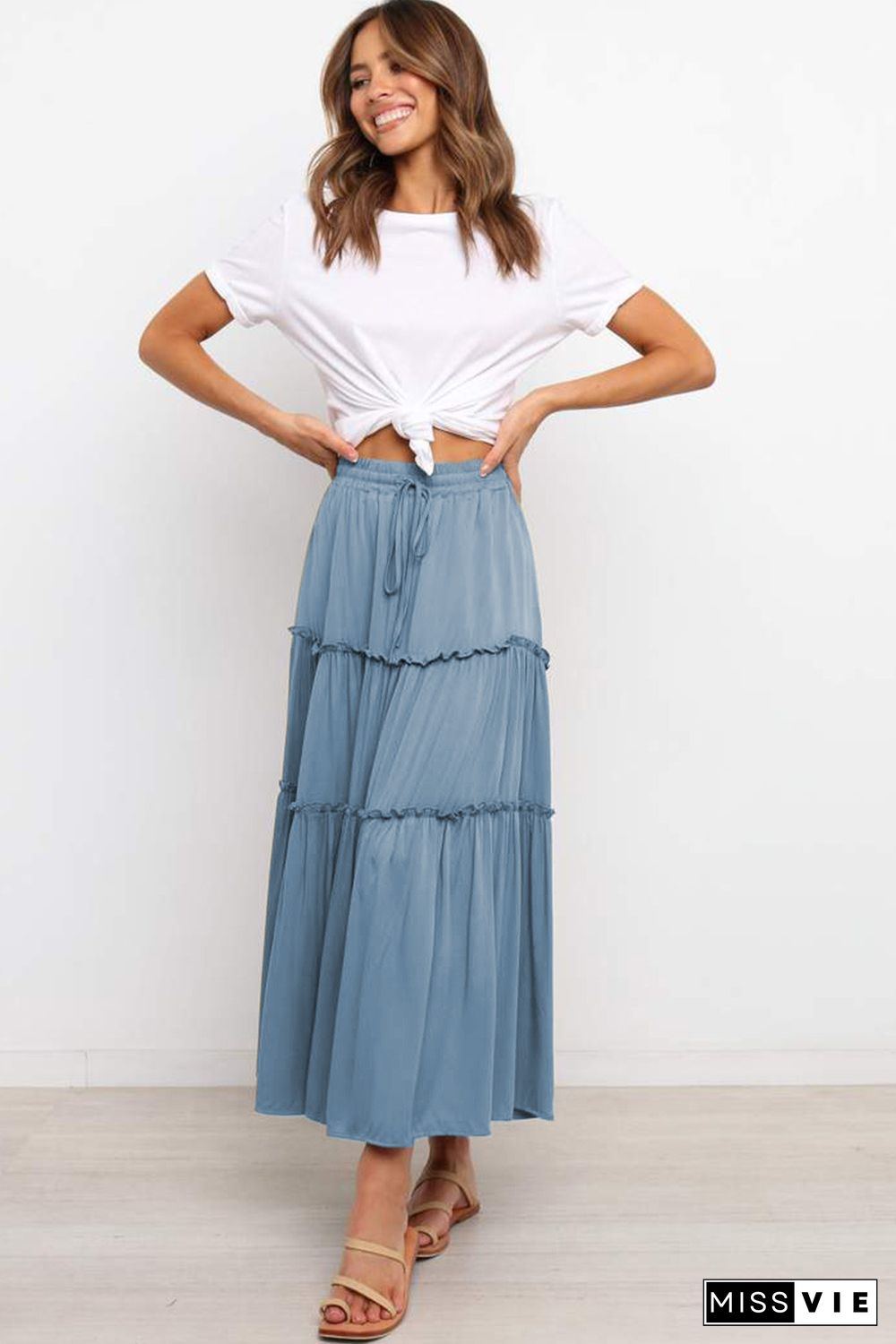 Blue Solid Layered Ruffled Drawstring High Waist Maxi Skirt