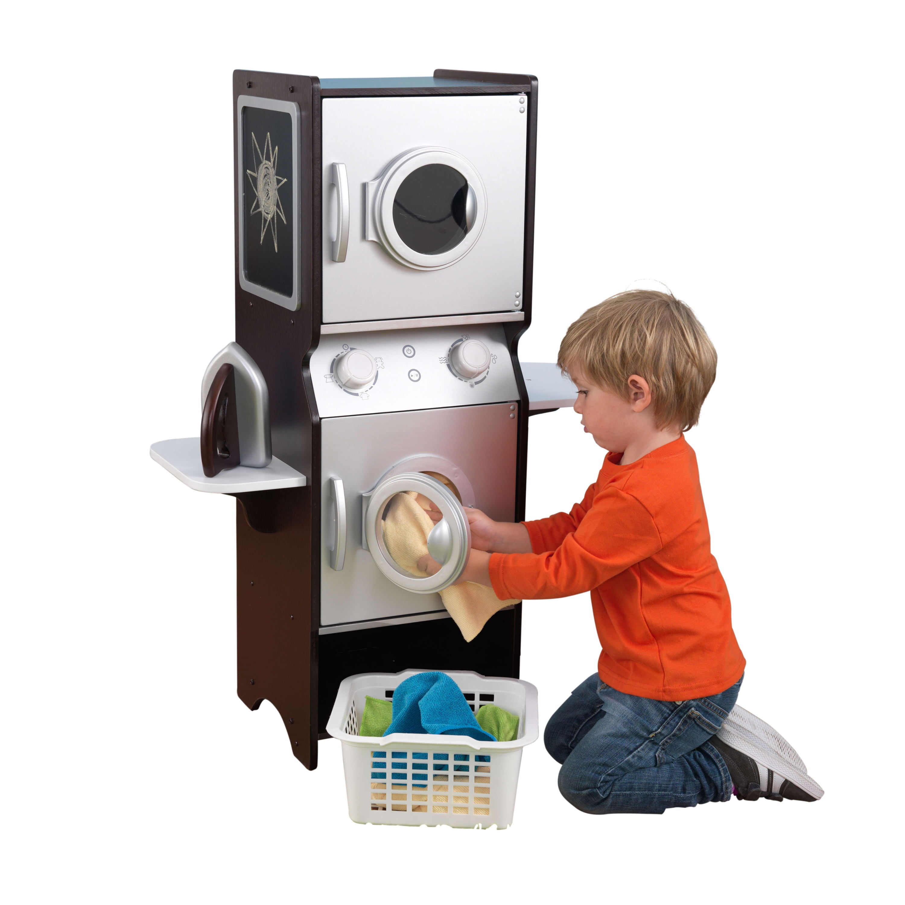 KidKraft Wooden Laundry Play Set， Stacking Washer and Dryer with Iron and Basket， Espresso