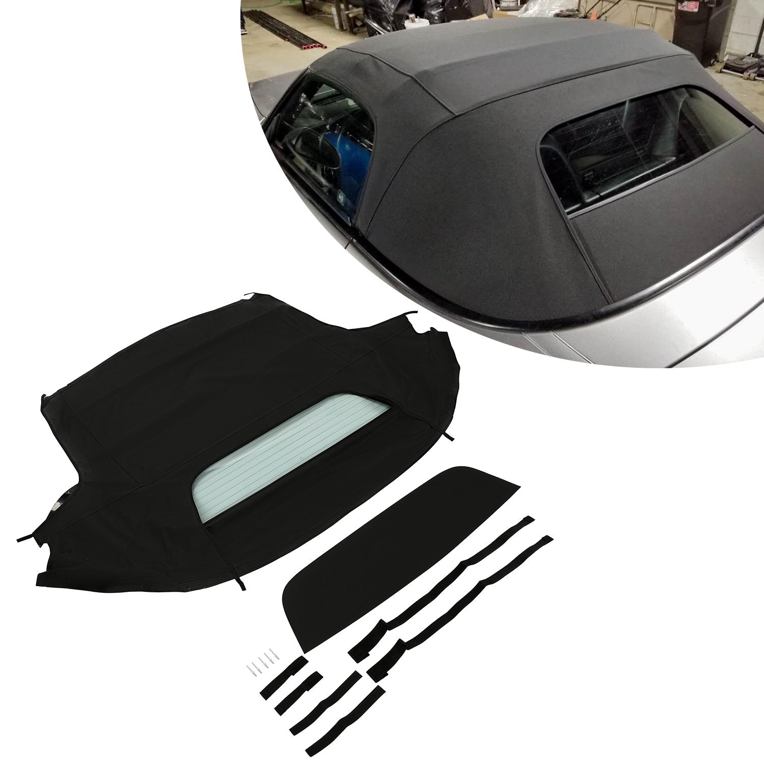 Kojem Convertible Top Soft Roof for 2002-2009 Honda S2000 Cabrio Sailcloth Vinyl Top + Heated Glass Window (Black and Clear)