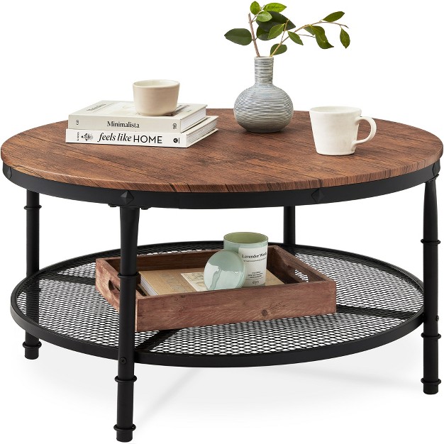 Best Choice Products 2 tier Round Coffee Table Rustic Accent Table W Wooden Tabletop Padded Feet Open Shelf