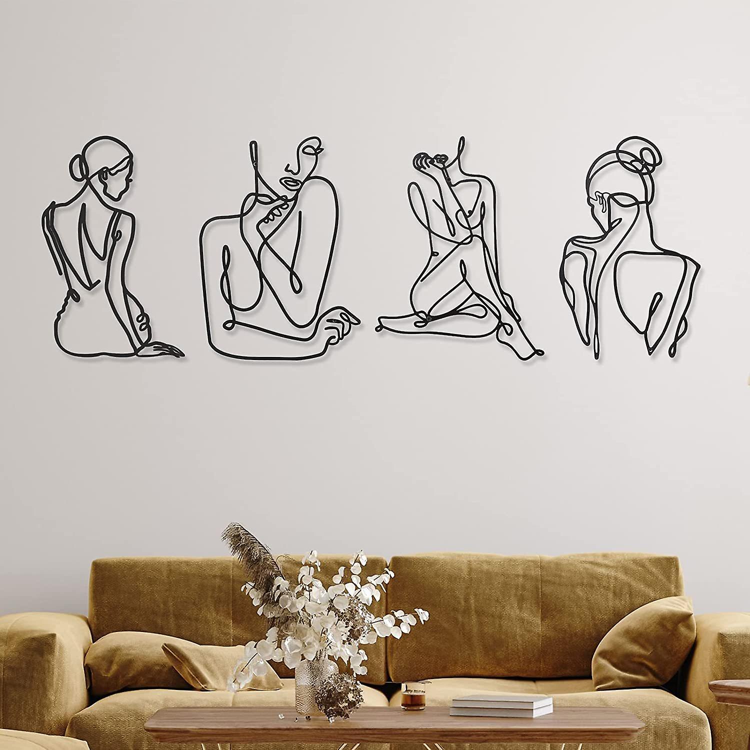 4 Pieces Metal Wall Art Decor Black Metal Wall Art Single Line Art Drawing Minimalist Abstract Female Woman Modern Wall Sculptures Hanging Decor Accen