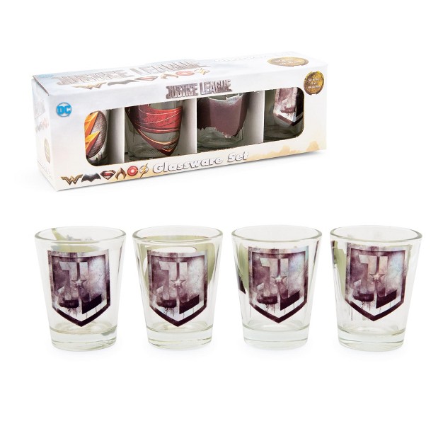 Silver Buffalo Dc Comics Justice League Movie Logos 1 5 ounce Mini Shot Glasses Set Of 4