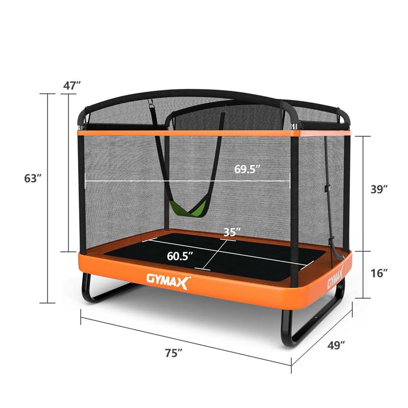 6 FT Kids Trampoline with Swing & Safety Fence, ASTM Approved Toddler Rectangle Trampoline for 3-8 Year Old