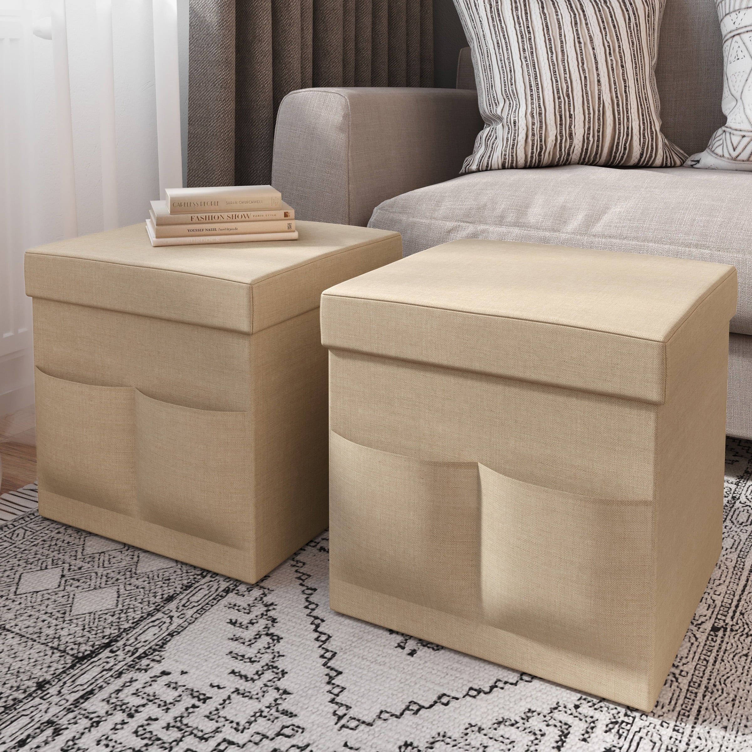 Somerset Home Foldable Ottoman Storage Cubes – 2-Pc Linen Beige