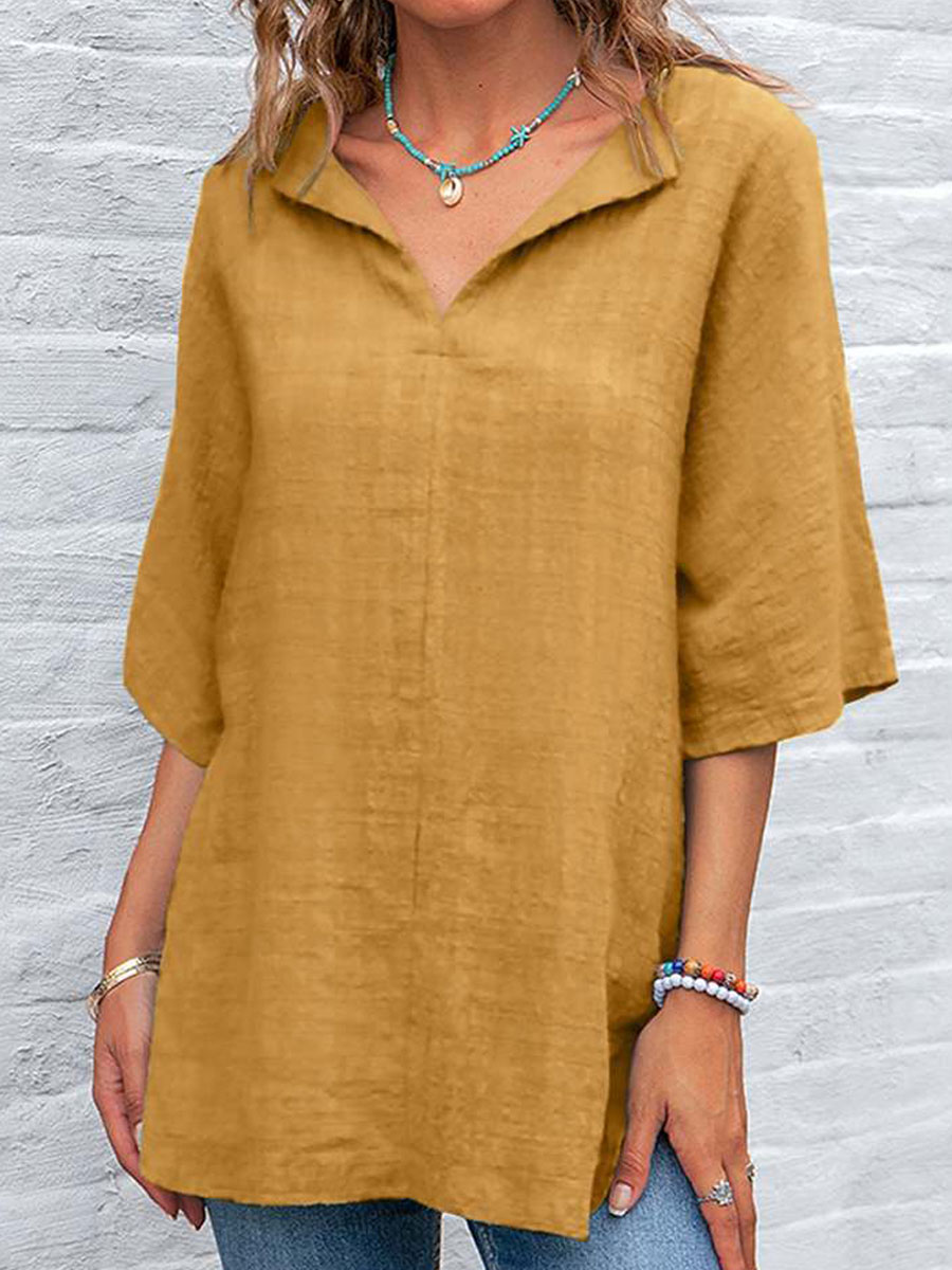 V-neck Casual Loose Solid Color Cotton And Linen Blouse