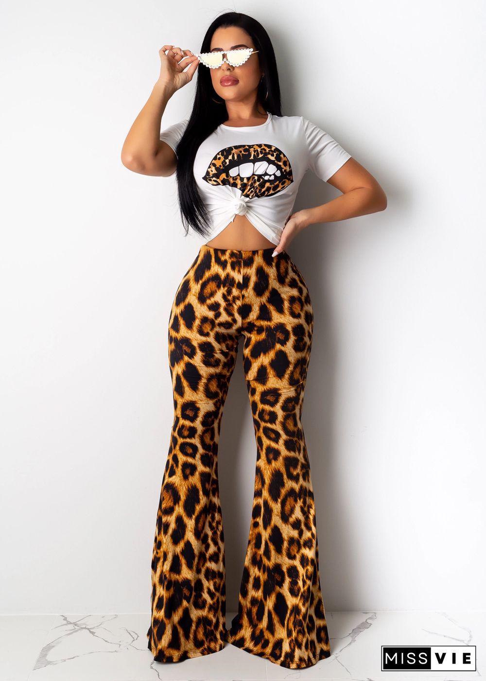 Women Casual Lip Print O-Neck Short Sleeve T-shirts High Waist Leopard Flared Long Pants 2 Piece Set