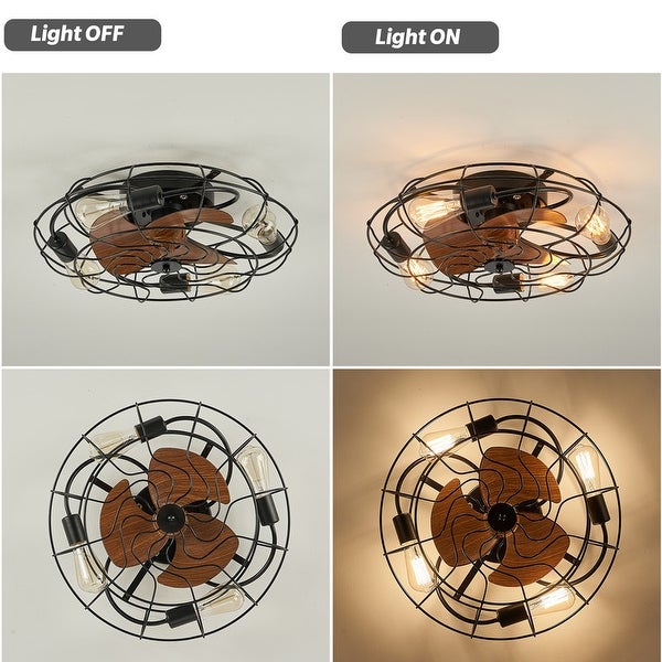 20 in. Low Profile Flush Mount Ceiling Fan Lights Wood Grain Modern Farmhouse Caged Ceiling Fan with Light for Bedroom Shopping - The Best Deals on Ceiling Fans | 40945630