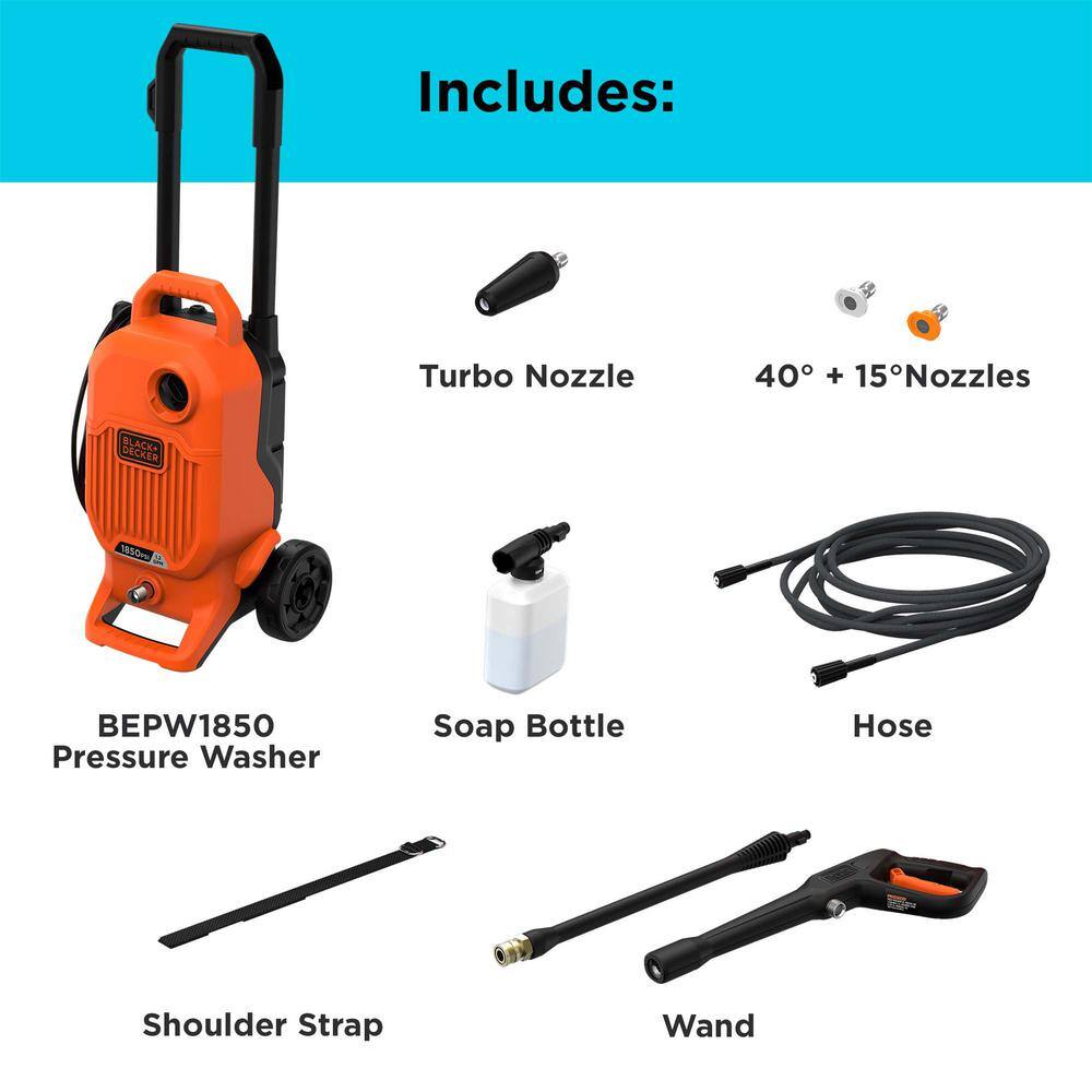 BLACK+DECKER 1850 PSI 1.2 GPM Cold Water Electric Pressure Washer with Integrated Wand and Hose Storage BEPW1850