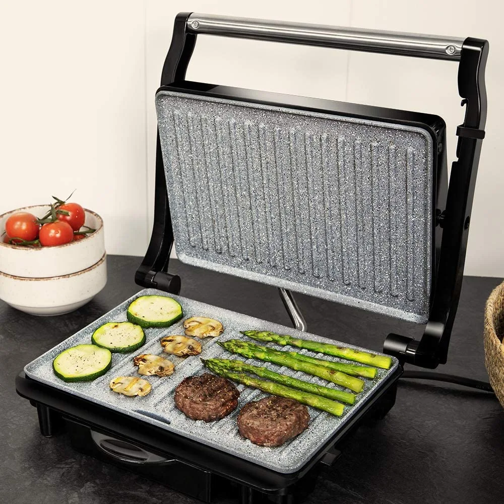 Electric Grill. 700 W, RockStone Stone Coating, Maximum Non-Stick and Better Cleaning, Cold Touch Handle, Surface 23 x 14.5 cm, Steel and Black