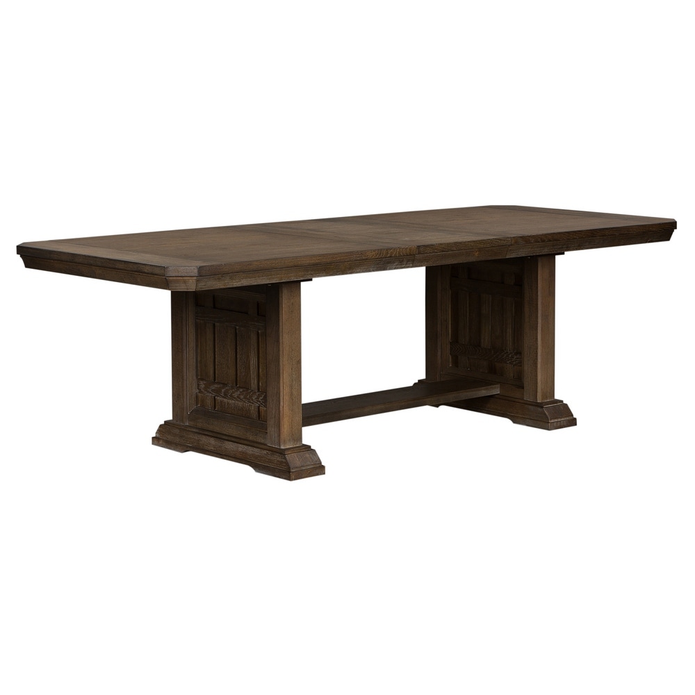 Copper Grove Artisan Prairie Wirebrushed Aged Oak Gray Dusty Wax Trestle Table