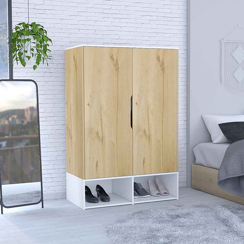 DEPOT E-SHOP Bambo Armoire， Double Door Cabinets， Five Shelves， Hanging Rod，Light Oak / White