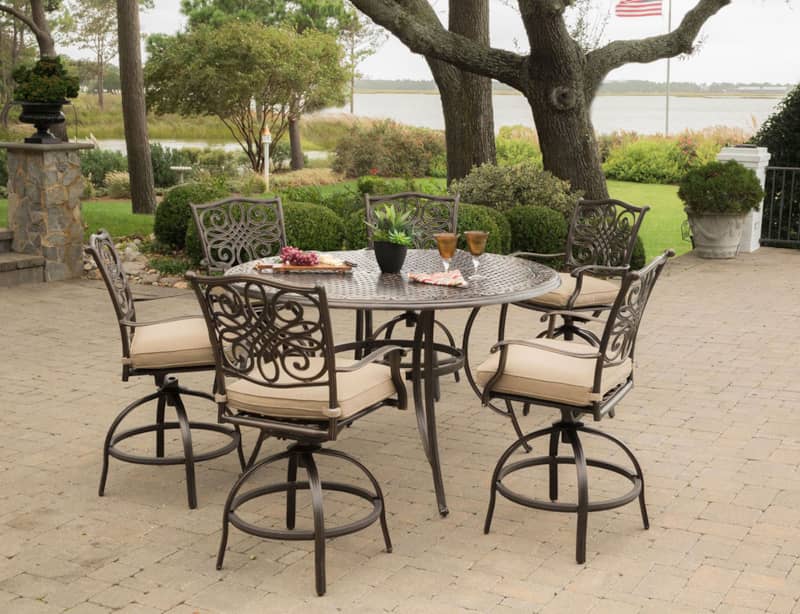 Hanover Traditions 7-Piece Outdoor Dining Set In Tan/Cast With 6 Counter Height Chair， 56 Round Cast Table