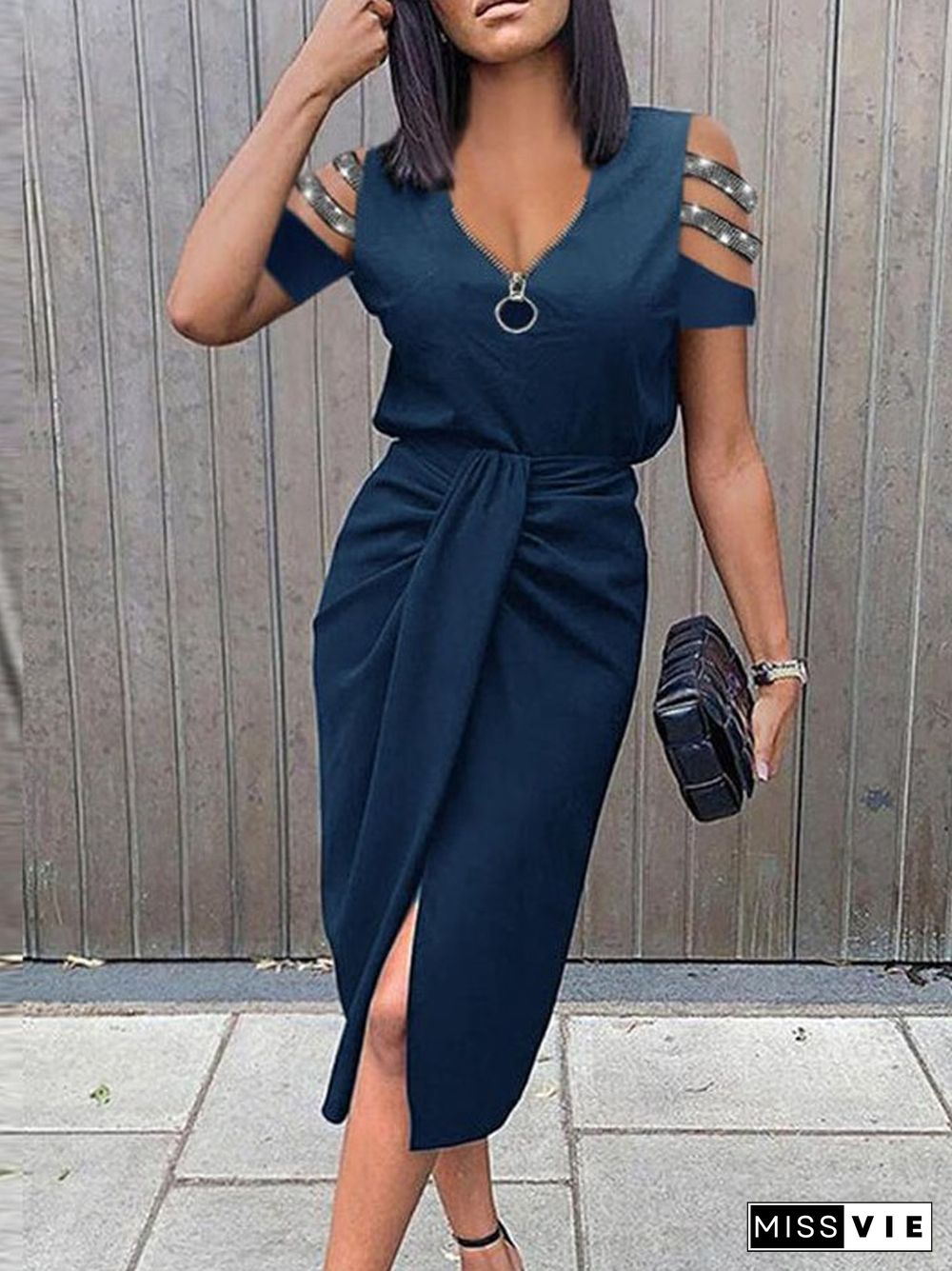 Solid Color Zipper Skirt Hollow Out Pleated Short Sleeve V-neck Dress