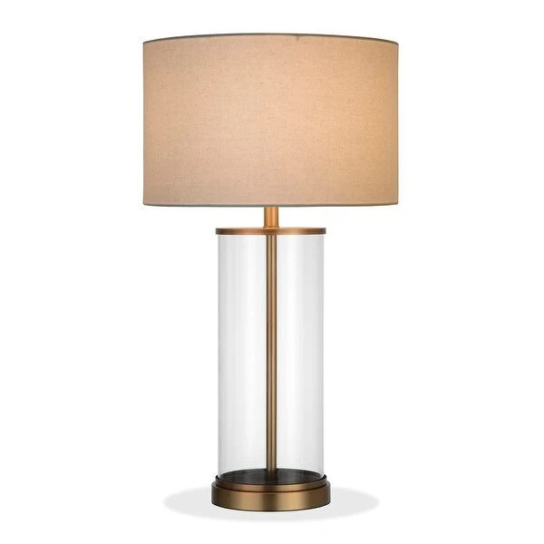 Reeves Cylindrical Clear Glass and Antique Brass Table Lamp with Linen Shade